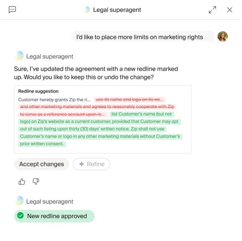 Zip screenshot: Legal agent suggesting a contract redline