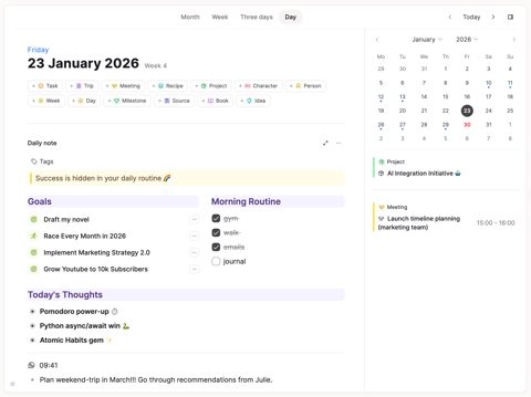Capacities screenshot: Daily note with calendar and tasks