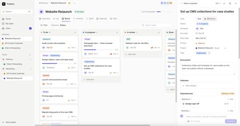 Zite screenshot: Project board with task detail panel