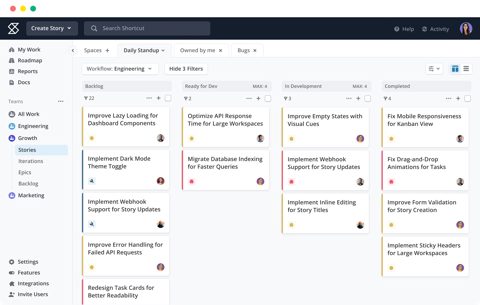 Shortcut screenshot: Story board with workflow columns