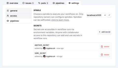 Tangled screenshot: Repository settings for pipeline secrets