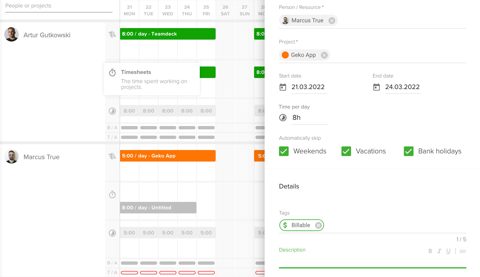 Teamdeck screenshot: Resource schedule with booking form