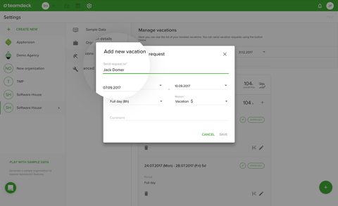 Teamdeck screenshot: Time-off request dialog