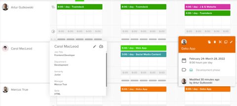Teamdeck screenshot: Schedule with booking details