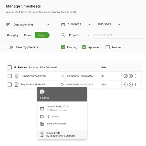 Teamdeck screenshot: Timesheet approval list