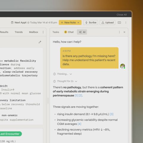 Ultralight screenshot: Clinician chart with AI chat panel