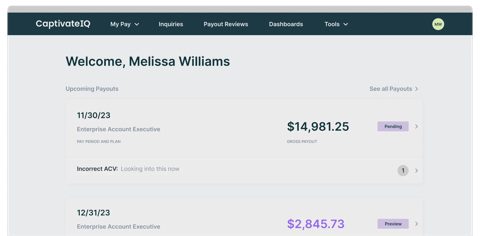 CaptivateIQ screenshot: Rep portal with upcoming payouts
