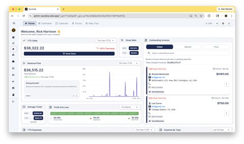 QuoteIQ screenshot: Business dashboard with revenue and invoices