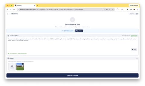 QuoteIQ screenshot: AI estimate generator from job description