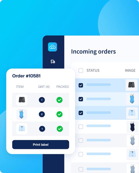 Sendcloud screenshot: Order packing view with print label