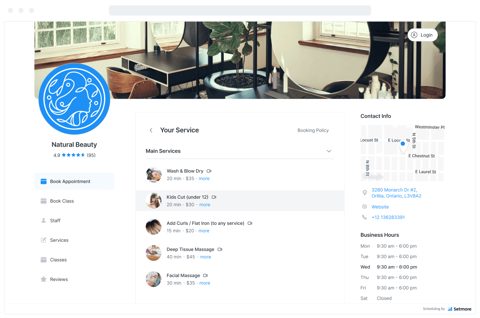 Setmore screenshot: Customer booking page with services