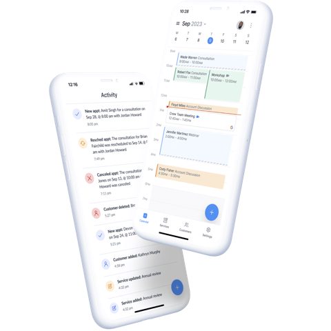 Setmore screenshot: Mobile app activity feed and calendar