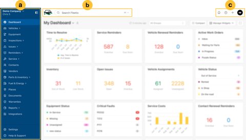 Fleetio screenshot: Fleet dashboard with widgets