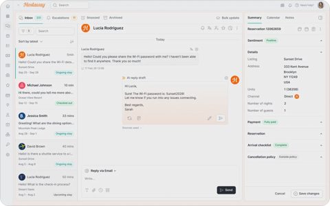 Hostaway screenshot: Unified inbox with reservation details