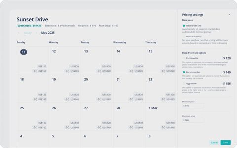 Hostaway screenshot: Dynamic pricing calendar and settings