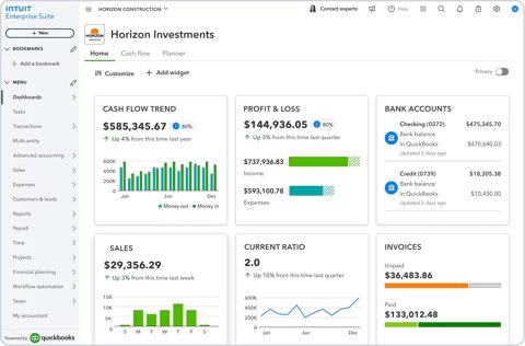 Intuit Enterprise Suite screenshot: Home dashboard with cash flow and invoices