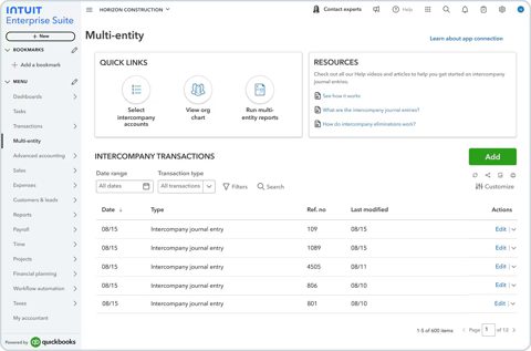 Intuit Enterprise Suite screenshot: Multi-entity intercompany transactions