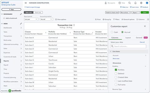 Intuit Enterprise Suite screenshot: Customizable transaction report