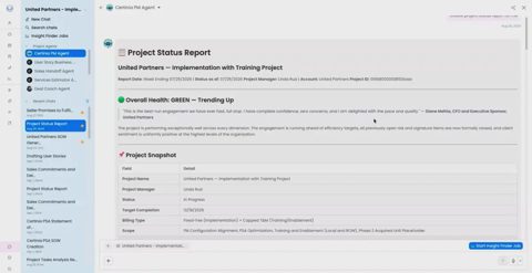 Certinia screenshot: AI-generated project status report