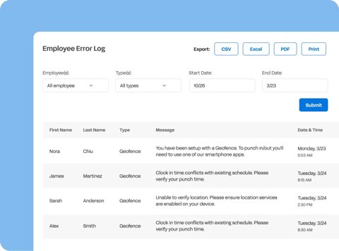 Buddy Punch screenshot: Employee error log with export options