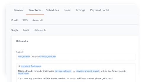 Chaser screenshot: Payment reminder email template editor