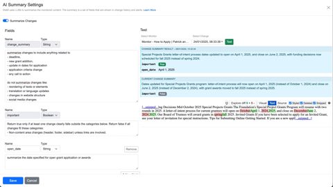 Distill screenshot: AI change summary settings with test panel