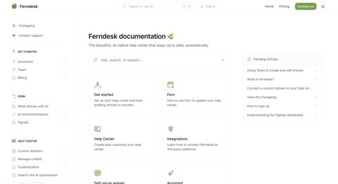 Ferndesk screenshot: Published help center homepage