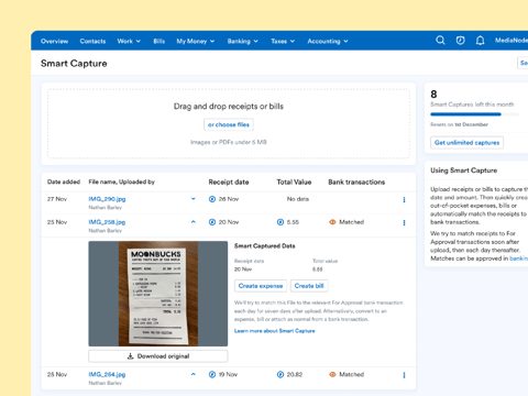 FreeAgent screenshot: Smart Capture receipt uploads
