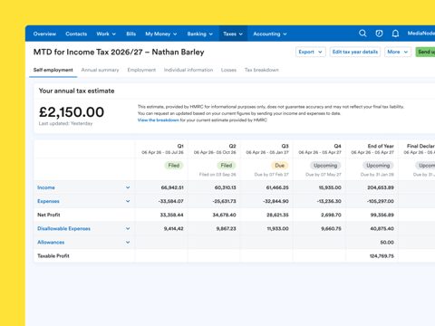 FreeAgent screenshot: Making Tax Digital quarterly tax estimate