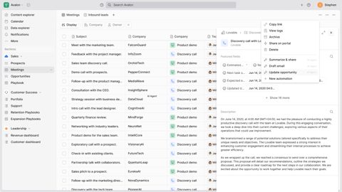 Planhat screenshot: Meetings list with record actions menu