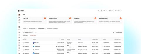 Brex screenshot: Bill pay dashboard with bills table
