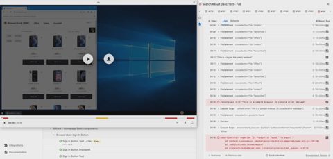 BrowserStack screenshot: Test details with video and logs