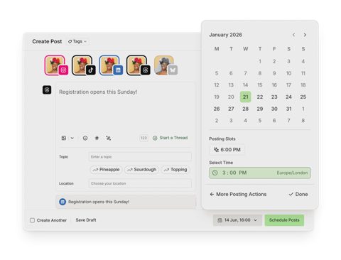 Buffer screenshot: Post composer with channels and scheduling