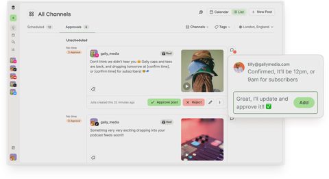 Buffer screenshot: Calendar with posts awaiting approval