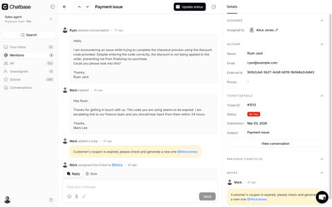 Chatbase screenshot: Ticket conversation with details panel