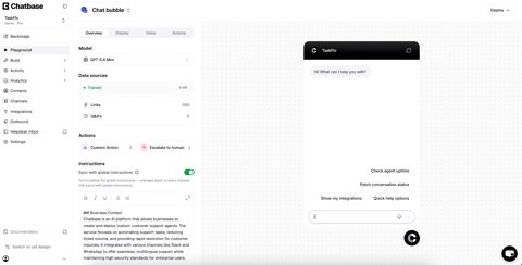 Chatbase screenshot: Agent playground with settings