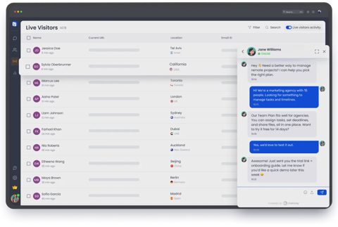 Chatway screenshot: Live visitors list with chat