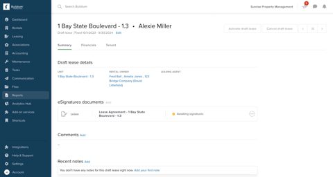 Buildium screenshot: Draft lease with eSignature documents