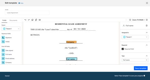 Buildium screenshot: Lease template editor with signature fields