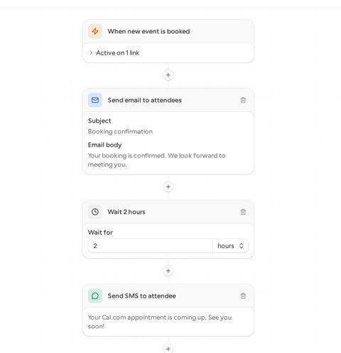 Cal.com screenshot: Workflow steps: email, wait, SMS