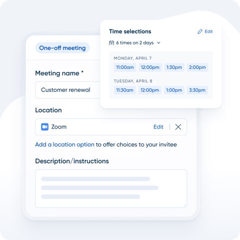 Calendly screenshot: One-off meeting setup with time selections