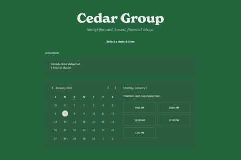 Acuity Scheduling screenshot: Client booking page with date and time picker