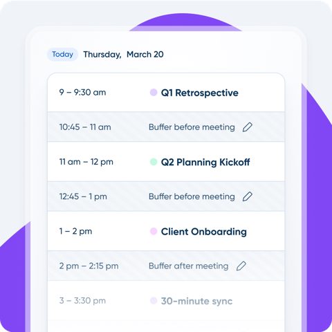 Calendly screenshot: Daily schedule with meeting buffers