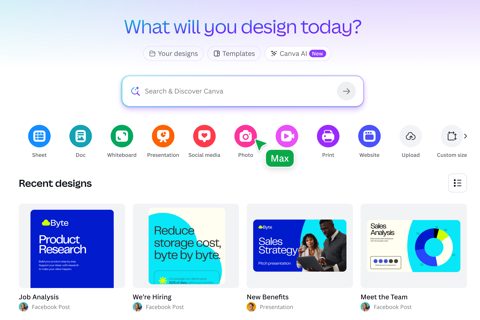 Canva screenshot: Home with search and recent designs