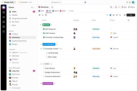 ClickUp screenshot: Task list view with sidebar and chat
