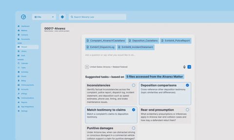 Clio screenshot: AI suggested tasks for a matter
