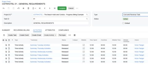 Acumatica screenshot: Project task with time activities