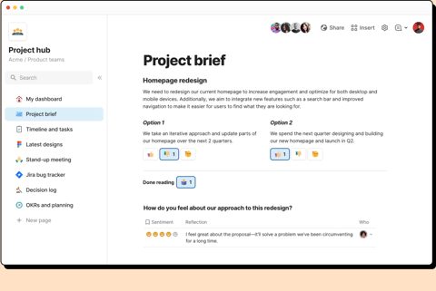 Coda screenshot: Project hub doc with sidebar