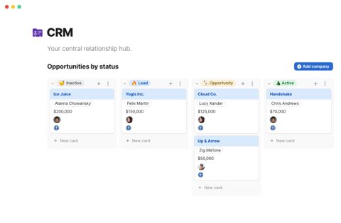 Coda screenshot: CRM board of opportunities