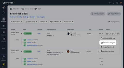 CircleCI screenshot: Pipelines list with workflow and job statuses